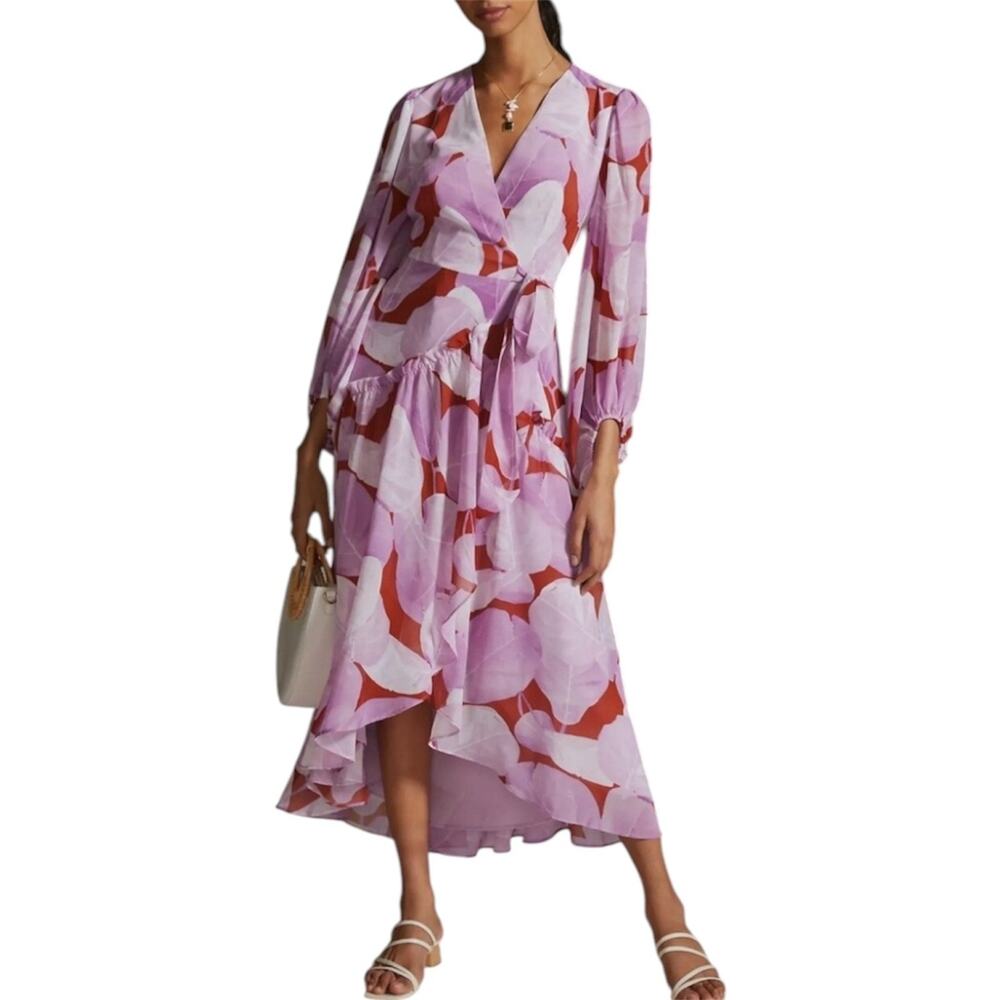 Hutch Geo Wrap Pink Purple Chiffon Long Sleeve V-Neck Maxi Dress Size Medium